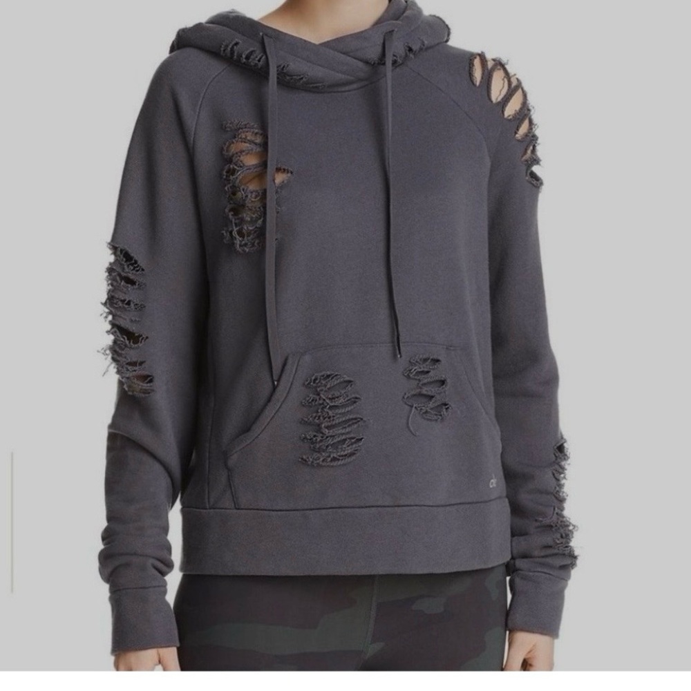 ALO Yoga BLACK Distressed Hoodie